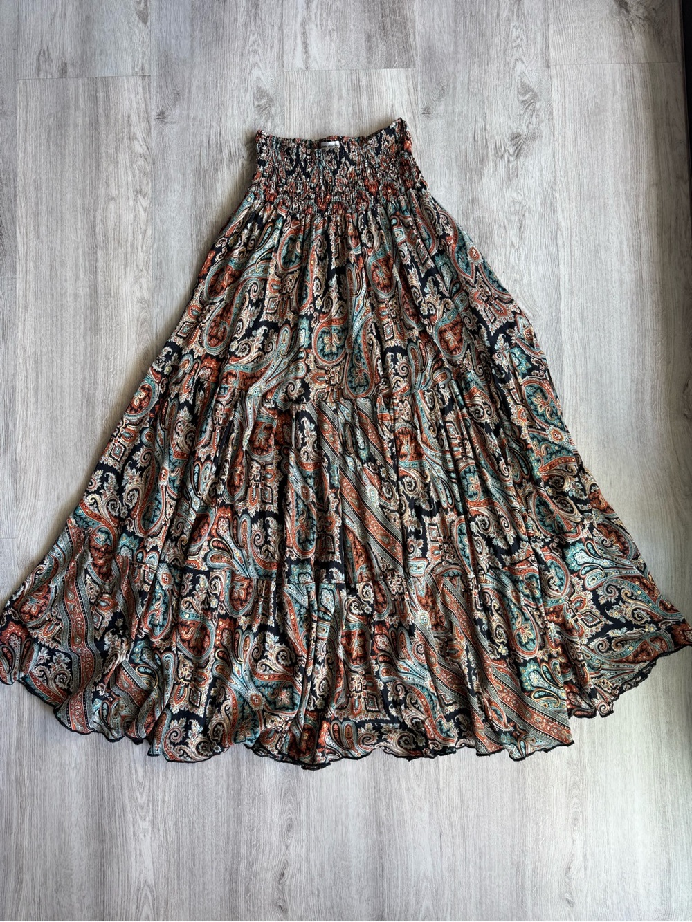 Karma Highway Brown & Gold Leaf Boho Paisley Floral Print Tiered Maxi Skirt SM